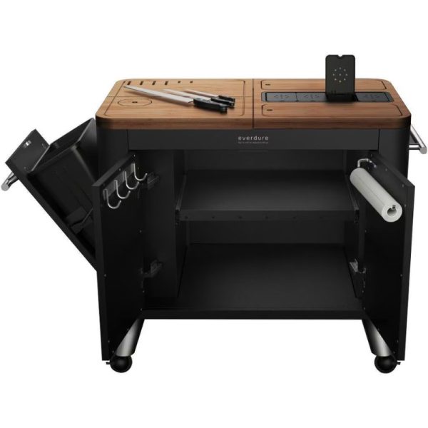 Everdure outdoor kitchen cart with bamboo top, storage compartments, and hooks for utensils, designed for grilling and food preparation.