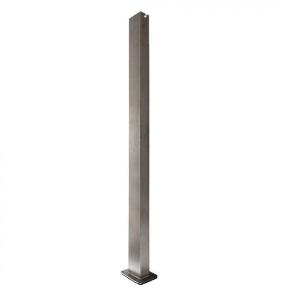Stainless steel vertical post with a square base, designed for structural support in construction and fencing applications.