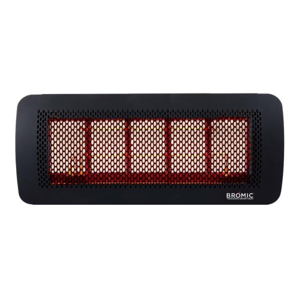 Bromic electric outdoor heater with a sleek black design and visible heating elements, ideal for patios and outdoor spaces.