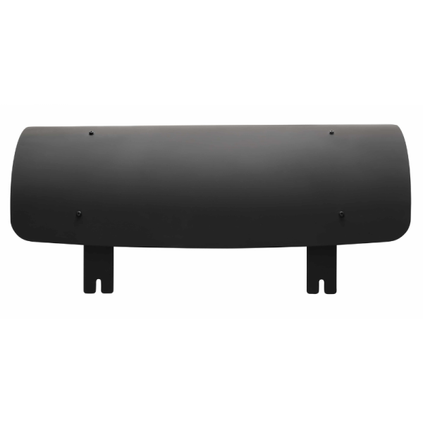 Black metal snow plow blade, designed for durability and efficient snow removal, featuring mounting brackets for easy installation.