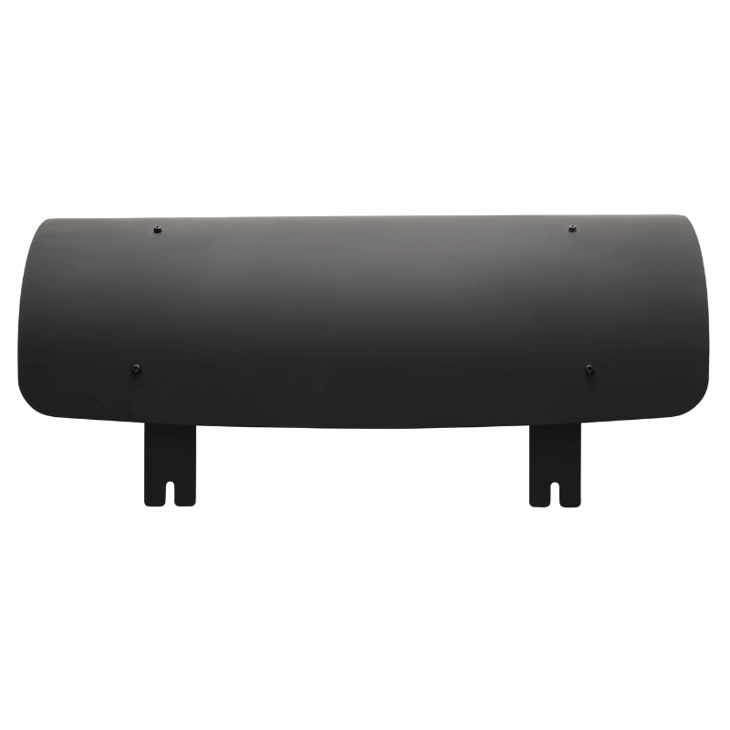 Black metal snow plow blade, designed for durability and efficient snow removal, featuring mounting brackets for easy installation.