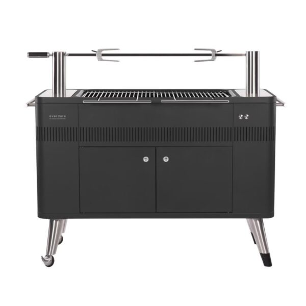 Everdure outdoor charcoal grill with rotisserie, featuring a sleek black design and stainless steel accents, ideal for backyard barbecues.