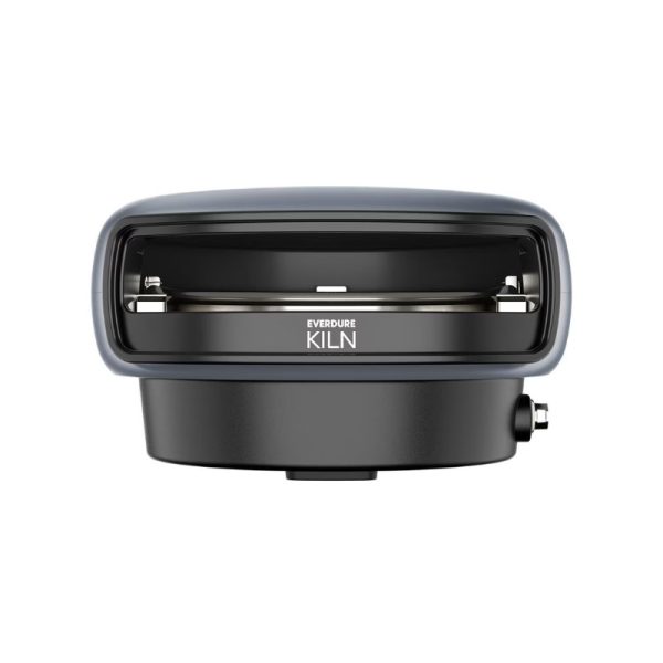 Everdure Kiln outdoor pizza oven with a sleek design, featuring a black body and a gray top, showcasing the front view.