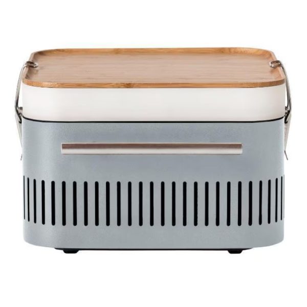 Stylish portable cooler with a bamboo lid and sleek gray design, ideal for outdoor activities and picnics.