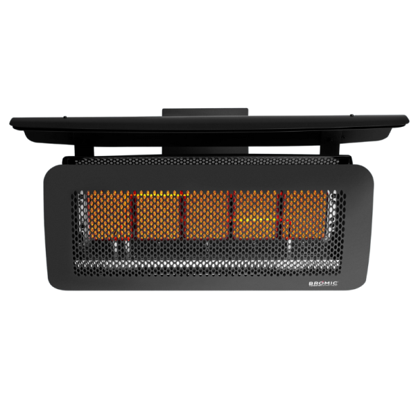Wall-mounted electric heater with four glowing heating elements and a sleek black design, ideal for outdoor patio heating.
