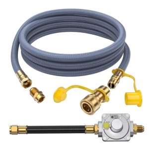 Flexible gas hose kit with brass fittings, safety caps, and a gas regulator for secure connections. Ideal for appliances and outdoor equipment.