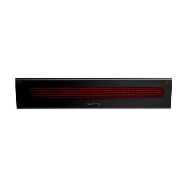 Bromic black infrared heater with red heating element, designed for efficient outdoor heating.