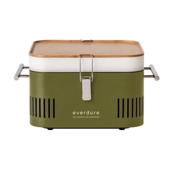 Everdure portable grill by Heston Blumenthal in green with a bamboo lid, designed for outdoor cooking.