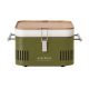 Everdure portable grill by Heston Blumenthal in green with a bamboo lid, designed for outdoor cooking.