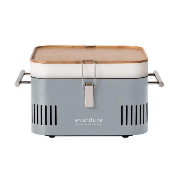 Everdure portable grill by Heston Blumenthal featuring a sleek gray design with a bamboo lid and stainless steel handle, ideal for outdoor cooking.