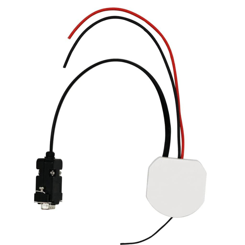 GPS antenna with a black connector and red and black wires, designed for enhanced signal reception in navigation systems.