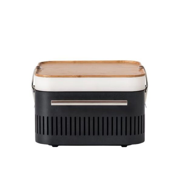Stylish portable cooler with a bamboo lid and sleek black base, ideal for outdoor activities and picnics.
