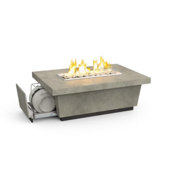 Modern outdoor fire pit table with a concrete finish, featuring a sleek design and flames surrounded by decorative rocks. Ideal for enhancing outdoor gatherings and providing warmth.