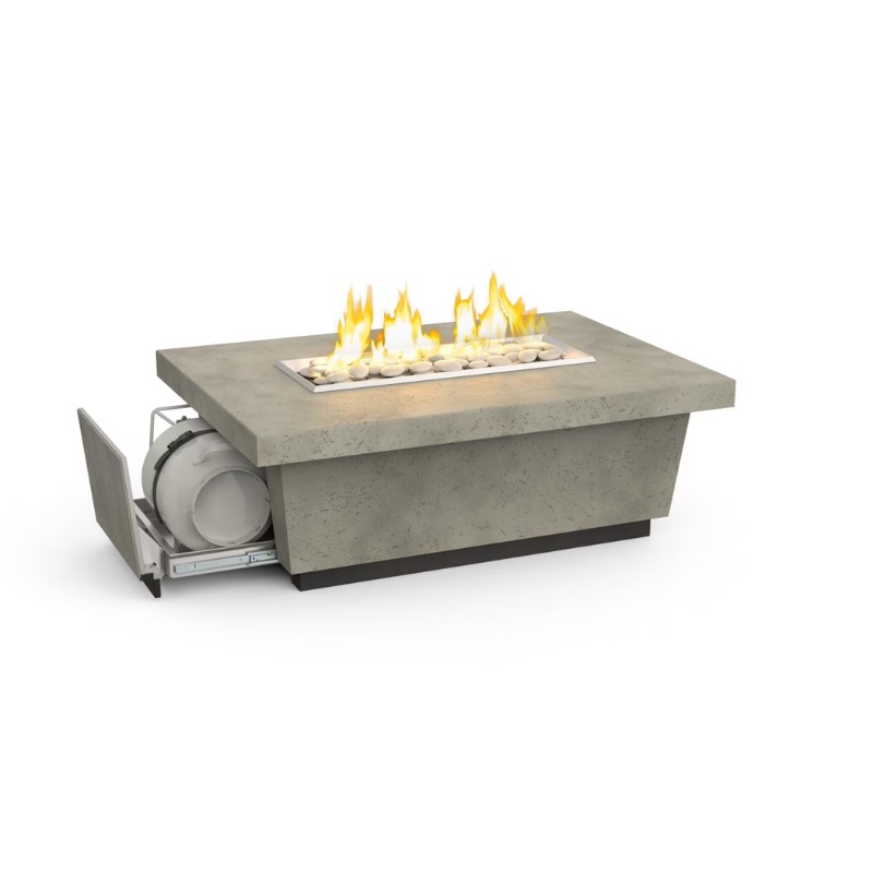 Modern outdoor fire pit table with a concrete finish, featuring a sleek design and flames surrounded by decorative rocks. Ideal for enhancing outdoor gatherings and providing warmth.