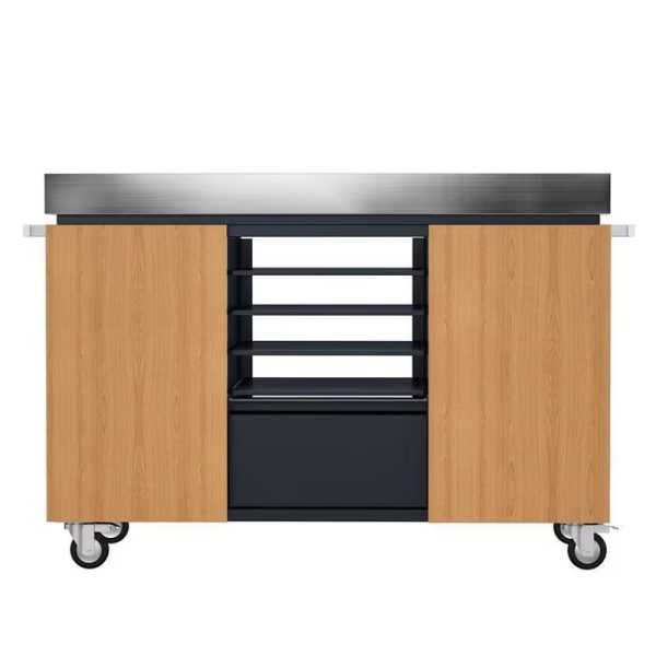 Modern kitchen island with a stainless steel top, wooden side cabinets, and multiple storage shelves on wheels.
