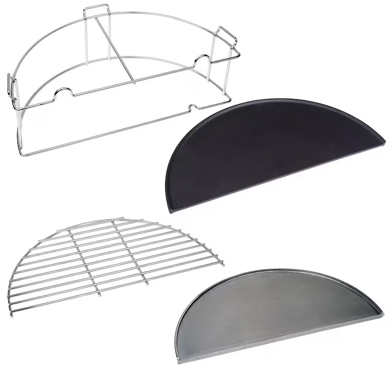 Cooking accessories set including a stainless steel rack, two half-moon cooking stones, and a wire grilling rack for versatile meal preparation.
