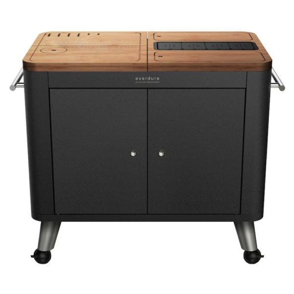 Everdure outdoor kitchen cart with bamboo top and storage cabinets, featuring a sleek black design and stainless steel legs. Ideal for grilling and food preparation.