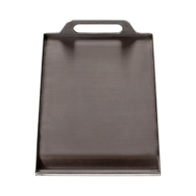 Stainless steel serving tray with a handle, suitable for food presentation and service.