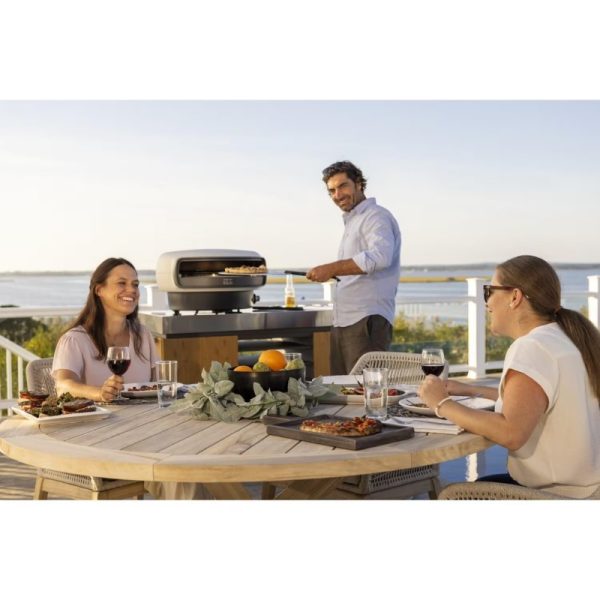 Outdoor barbecue gathering with friends, featuring a smiling man grilling on a modern grill while two women enjoy food and wine at a wooden table, with a scenic waterfront view.