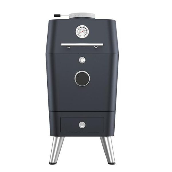 Modern vertical smoker with a sleek design, featuring a temperature gauge, adjustable air vent, and a storage drawer, perfect for outdoor grilling and smoking enthusiasts.