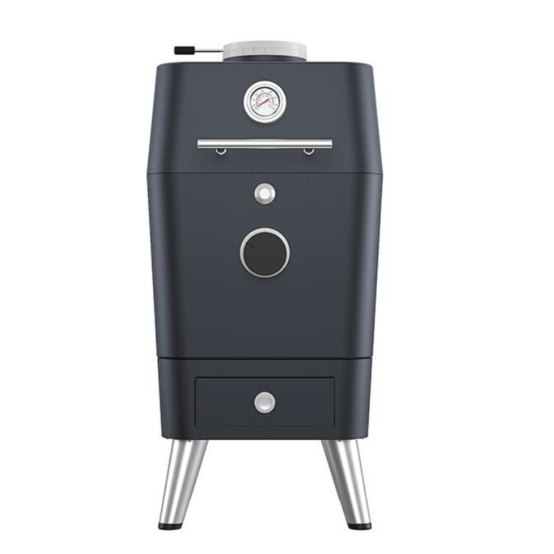 Modern vertical smoker with a sleek design, featuring a temperature gauge, adjustable air vent, and a storage drawer, perfect for outdoor grilling and smoking enthusiasts.