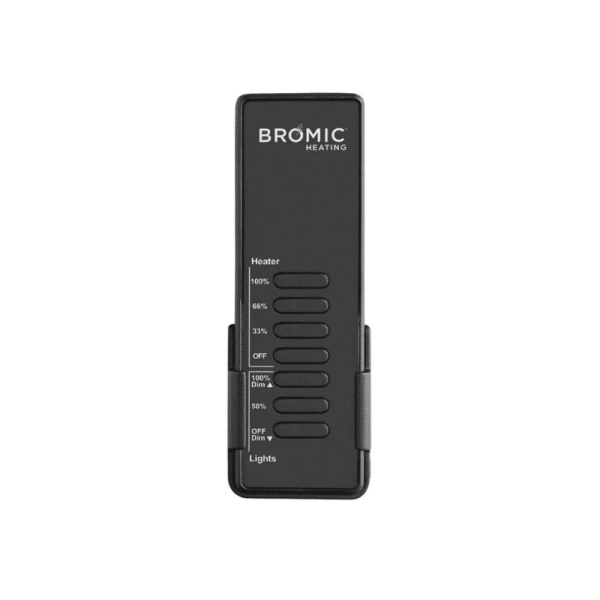 Bromic Heating remote control with adjustable settings for heater and lights, featuring a sleek black design and easy-to-use buttons for temperature and brightness control.