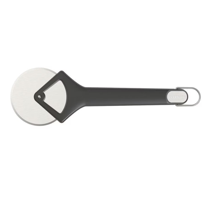 Stainless steel pizza cutter with a black ergonomic handle, designed for easy slicing and comfort.