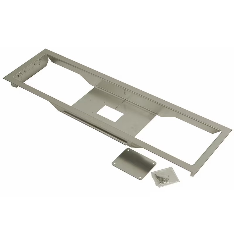Stainless steel mounting frame for equipment installation, featuring cutouts and additional hardware components for secure setup.