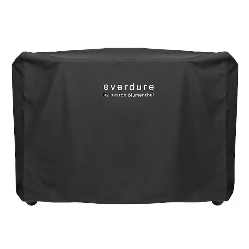 Black protective cover for Everdure grill by Heston Blumenthal, designed for durability and weather resistance.
