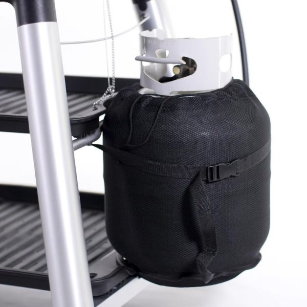 Black gas bottle cover secured to a ladder, designed for safety and convenience.