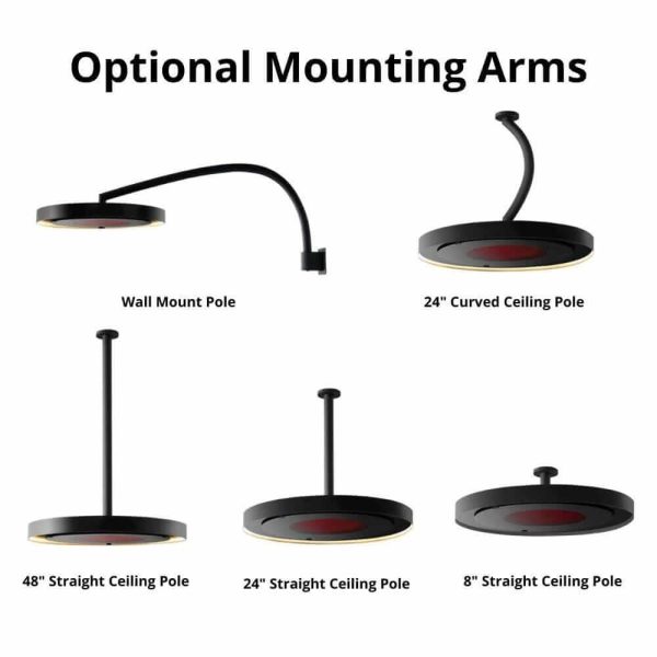 Image showcasing optional mounting arms for lighting fixtures, including a wall mount pole, 24" curved ceiling pole, and various straight ceiling poles (8", 24", and 48").