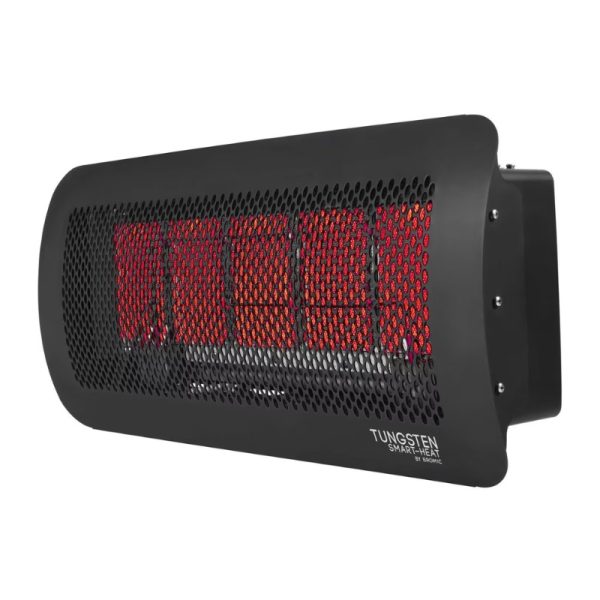 Tungsten Smart-Heat infrared heater with a sleek black design and mesh front, ideal for outdoor heating.
