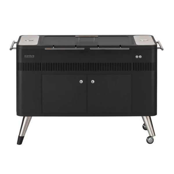 Black outdoor barbecue grill with stainless steel accents, featuring a lid and storage cabinets, on metal legs with wheels for mobility.
