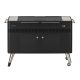Black outdoor barbecue grill with stainless steel accents, featuring a lid and storage cabinets, on metal legs with wheels for mobility.