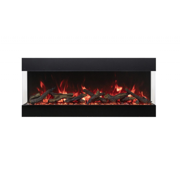 Modern electric fireplace with realistic flame effect and decorative logs, ideal for home heating and ambiance.