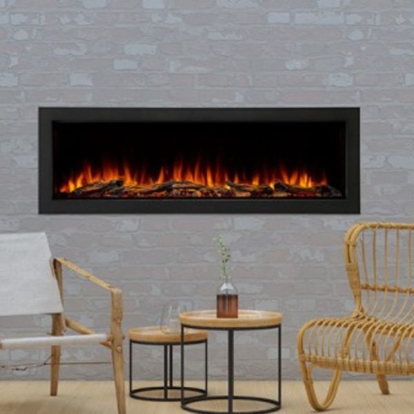 Modern electric fireplace mounted in a stylish living room, featuring a sleek black frame and realistic flame effect, surrounded by comfortable seating and decorative elements.
