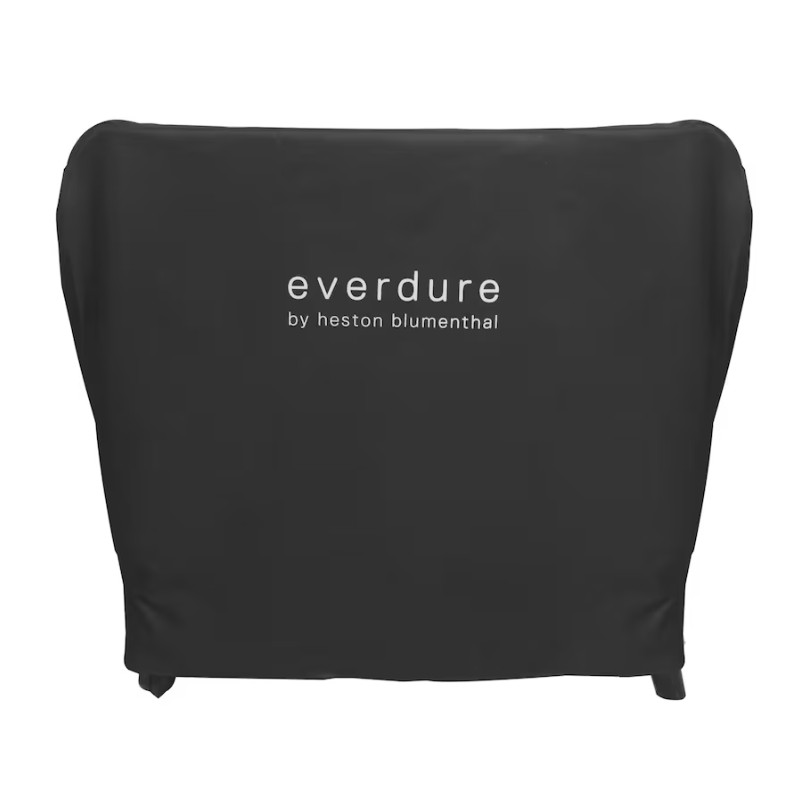 Black protective cover for Everdure barbecue by Heston Blumenthal, showcasing logo design.