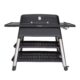 Black outdoor gas grill with stainless steel legs and shelves, featuring a built-in thermometer and side burners for cooking versatility.