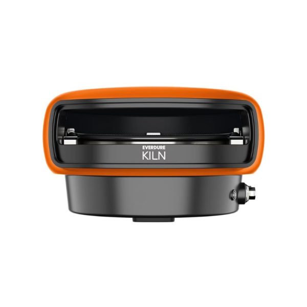 Everdure Kiln portable outdoor grill with a sleek black design and vibrant orange accents, ideal for grilling and barbecuing.