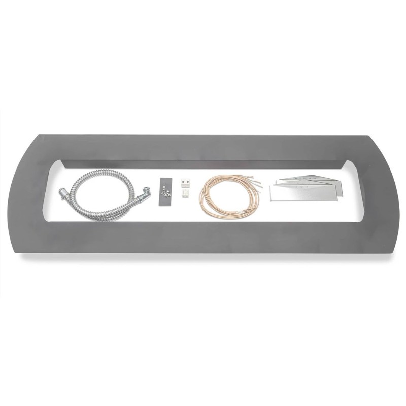 Gray metal tray containing plumbing installation components, including a flexible hose, electrical connectors, wires, and metal brackets for assembly.