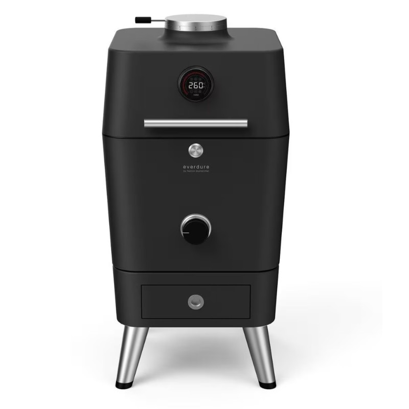 Everdure black charcoal smoker with digital temperature gauge and stainless steel legs, designed for outdoor cooking.