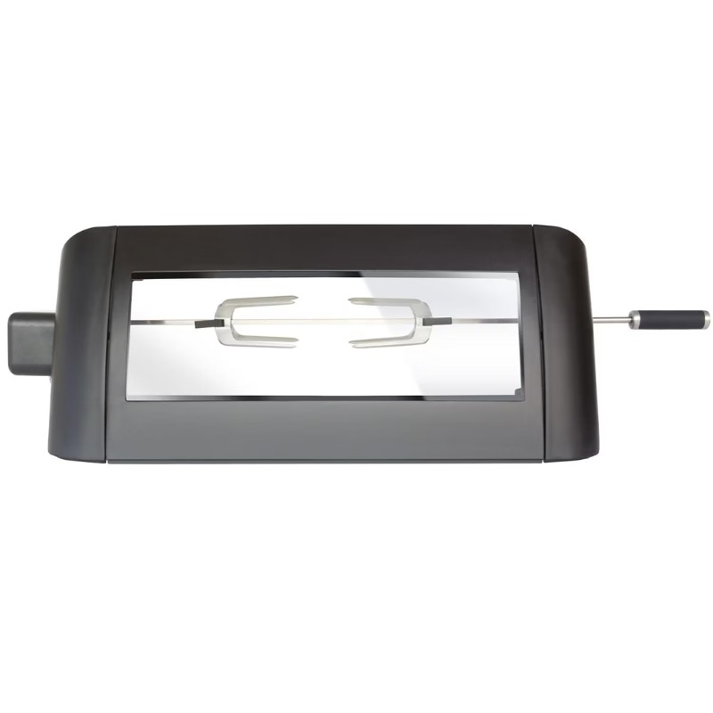 Electric rotisserie oven with a transparent lid and stainless steel rotisserie spit, designed for cooking meats evenly.