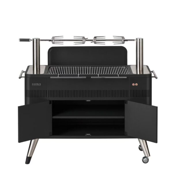 Modern outdoor grill with rotisserie, black finish, and storage compartments. Ideal for barbecues and outdoor cooking.