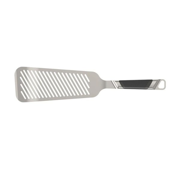 Stainless steel slotted spatula with a comfortable grip, ideal for grilling and flipping food.