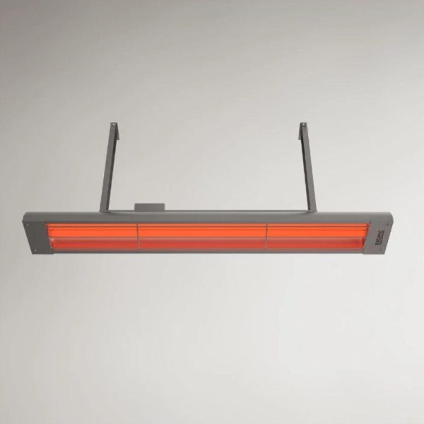 Infrared heating lamp with a sleek design, featuring three heating elements and a modern metallic finish, suitable for indoor and outdoor use.