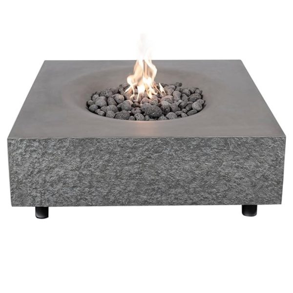 Modern square fire pit with a sleek gray stone finish and decorative lava rocks, featuring a vibrant flame at the center. Ideal for outdoor gatherings and enhancing patio aesthetics.