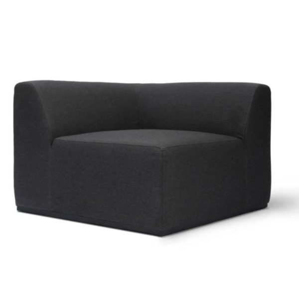 Modern black upholstered corner chair with a minimalist design, featuring rounded edges and a spacious seat.