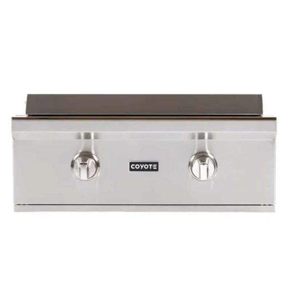 Coyote stainless steel outdoor grill with two control knobs and a flat cooking surface, ideal for barbecuing and outdoor cooking.
