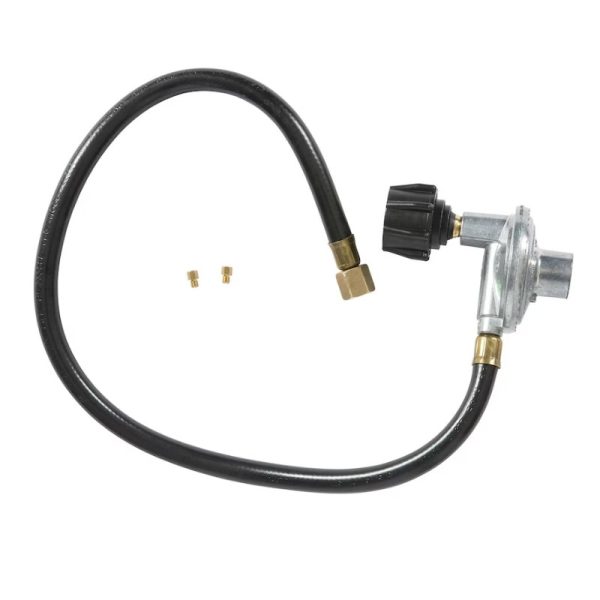 Gas regulator assembly with hose and fittings for outdoor grills or propane appliances.