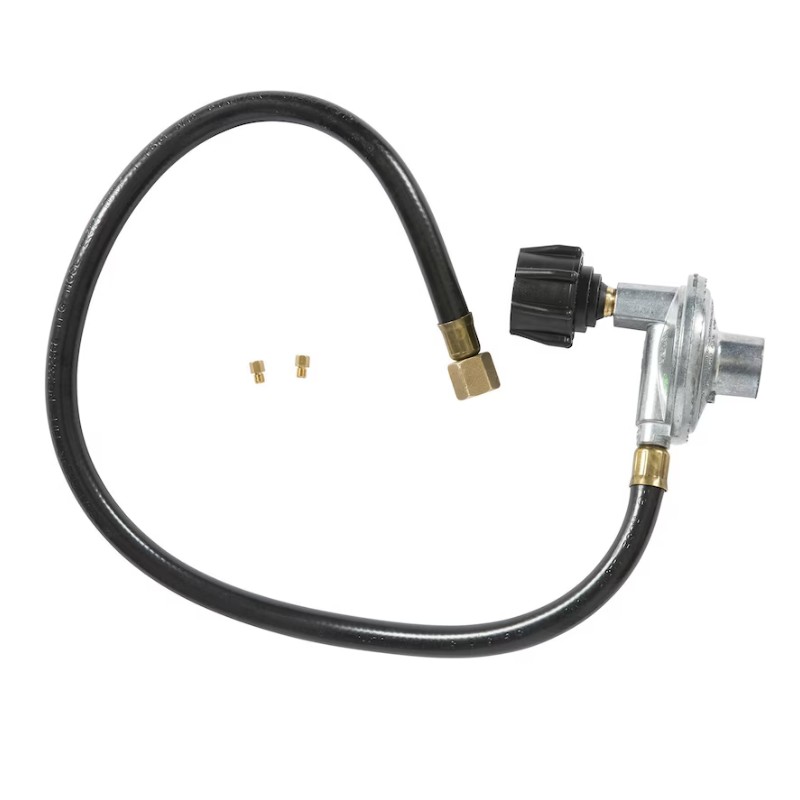 Gas regulator assembly with hose and fittings for outdoor grills or propane appliances.